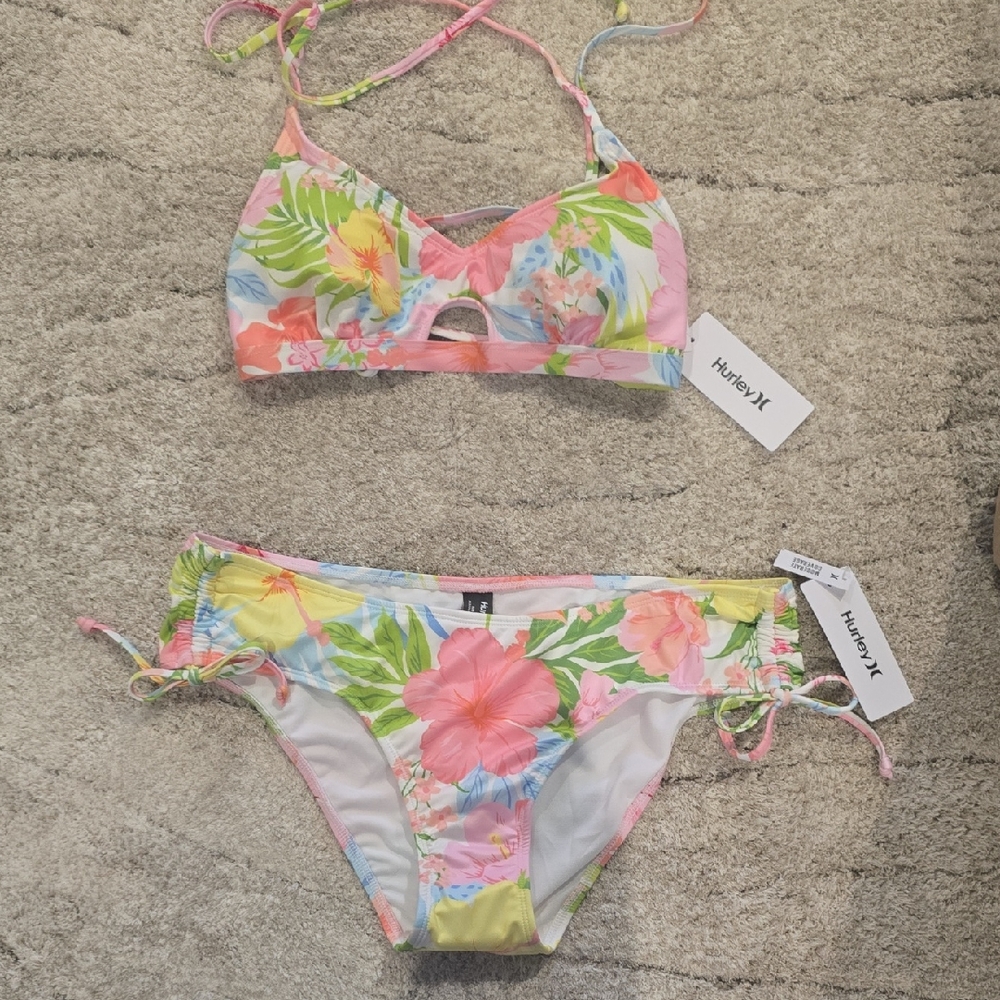 Hurley Floral Bikini Set with Pink and Green Accents